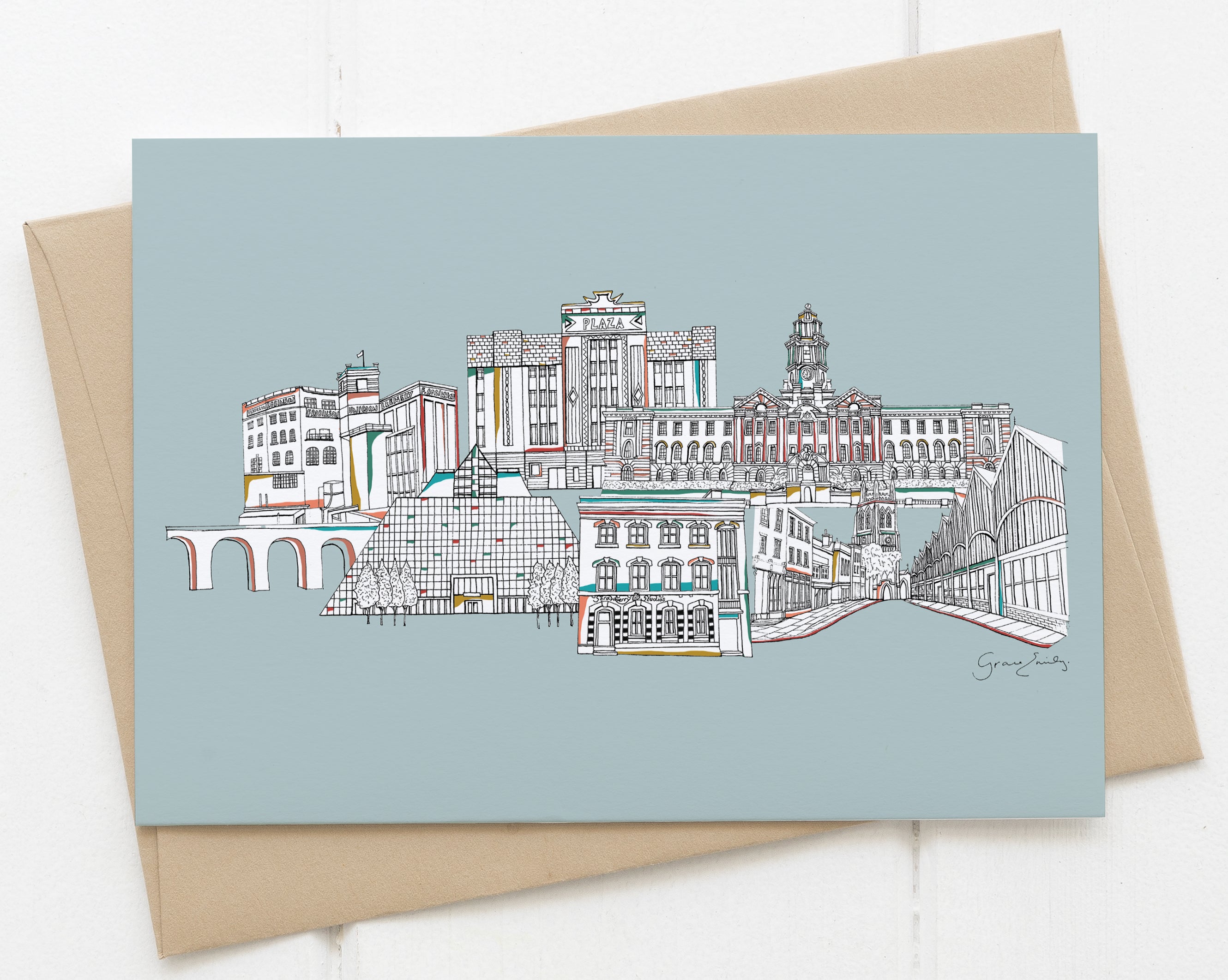 Stockport landmarks card blue