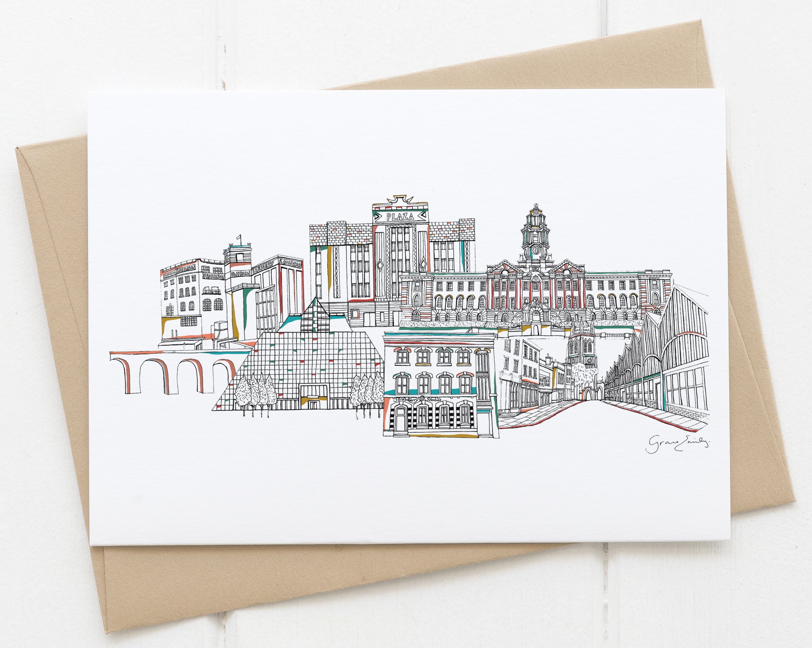 Stockport landmarks skyline card white