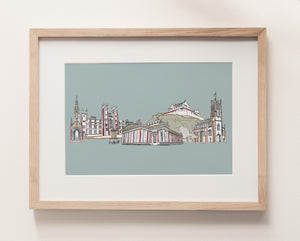 Edinburgh landmarks skyline print blue