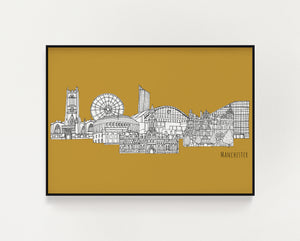 Manchester landmarks skyline mustard print