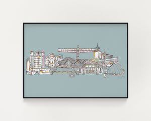 Newcastle landmarks skyline print blue