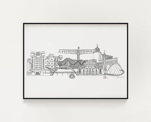 Newcastle landmarks skyline black and white print