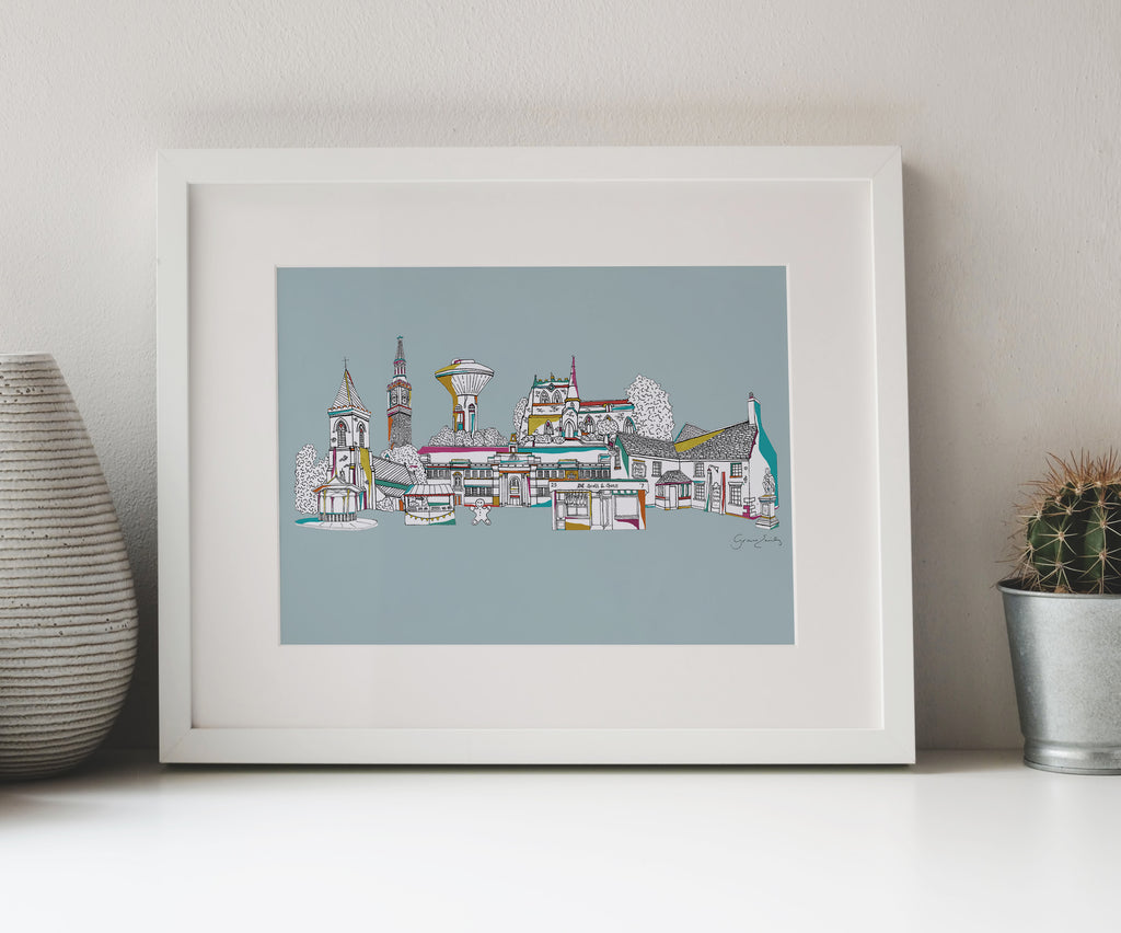 Ormskirk landmarks print blue