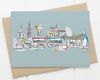 Ormskirk landmarks skyline card blue