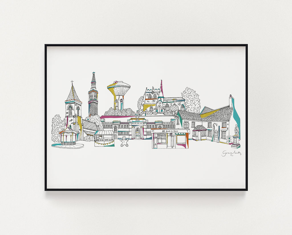 Ormskirk landmarks skyline print