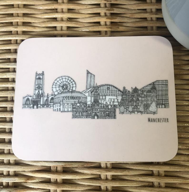 Manchester landmarks pink coaster