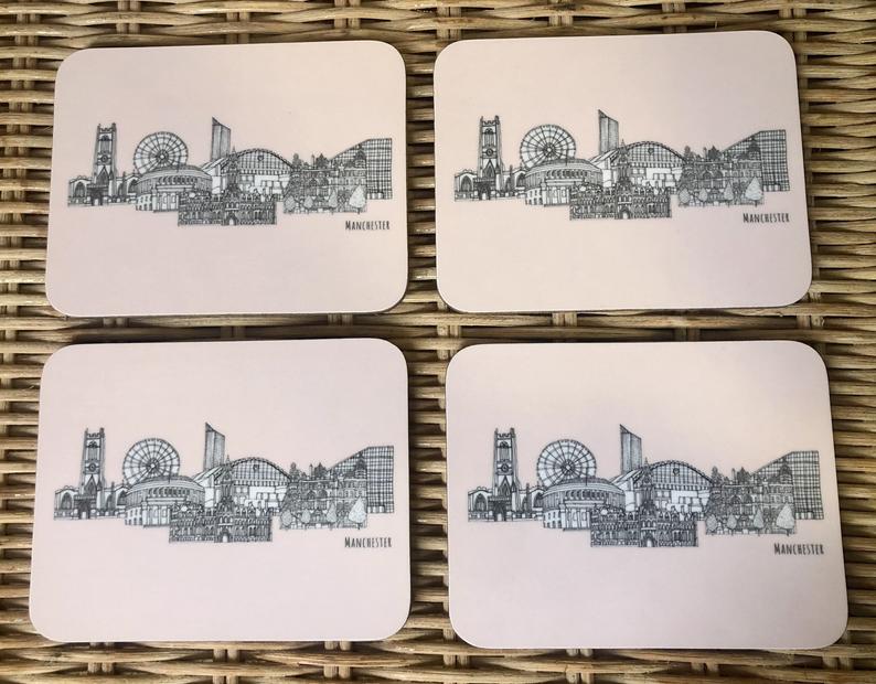 Manchester landmarks pink coaster