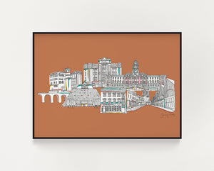 Stockport landmarks skyline print orange